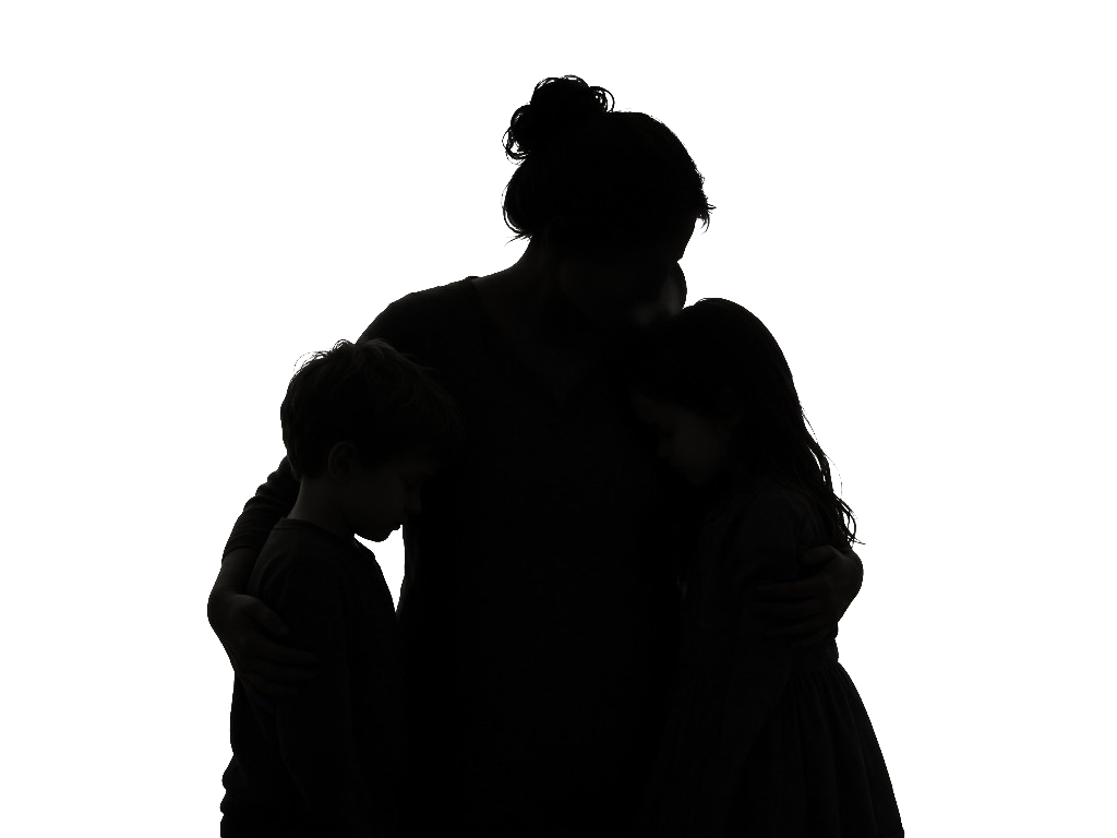 Silhouette of a parent holding two children.