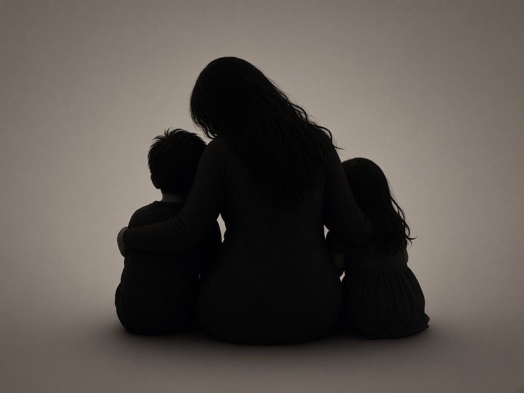 Silhouette of a parent sitting with two children.